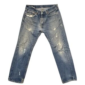 Levis 505 Jeans Mens 33x30 Blue Medium Wash Distressed Ripped Paint Denim Faded